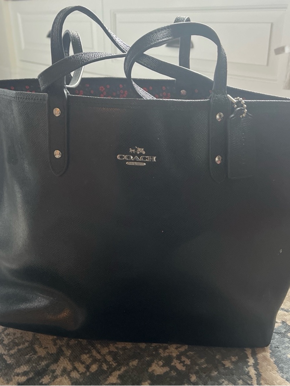 Coach Black/Floral Reversible Leather Tote with Silver Logo Hardware